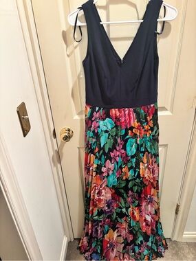 Navy floral pleated chiffon dress, sleeveless